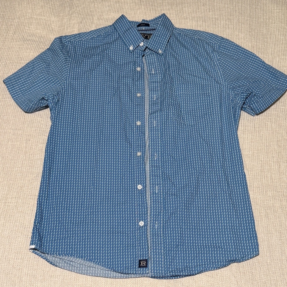 Hawker Rye Men's Casual Blue Patterned Short Sleeve Shirt Slim Fit Medium